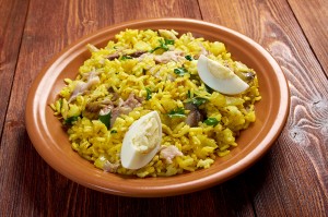 Scottish dish - Kedgeree, flakes of smoked herring baked with rice, milk,  parsley, and served with hard-boiled eggs.